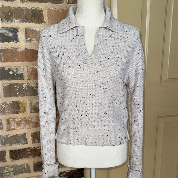 William Rast Cream Speckled Texture Sweater Split Collar Boxy Cotton Knit Sz S - Picture 2 of 12